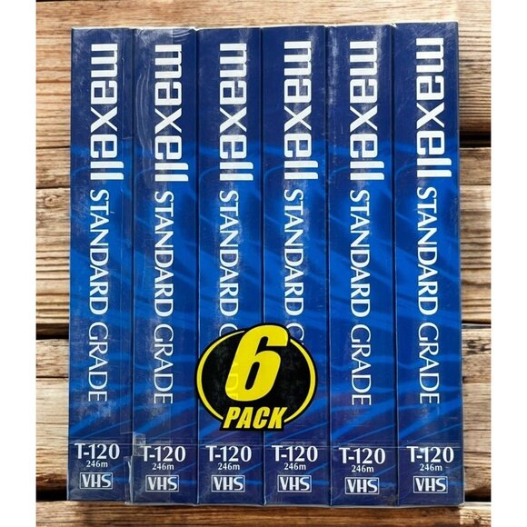Maxell 6 Pack 6 Hour T-120 Standard Blank VHS Videocassette NIB New Sealed - Picture 1 of 6